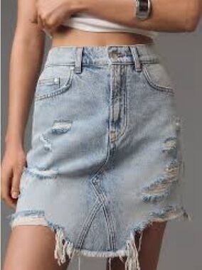 Pilcro Distressed Asymmetrical Raw Hem High Rise Denim Skirt Anthropologie 6